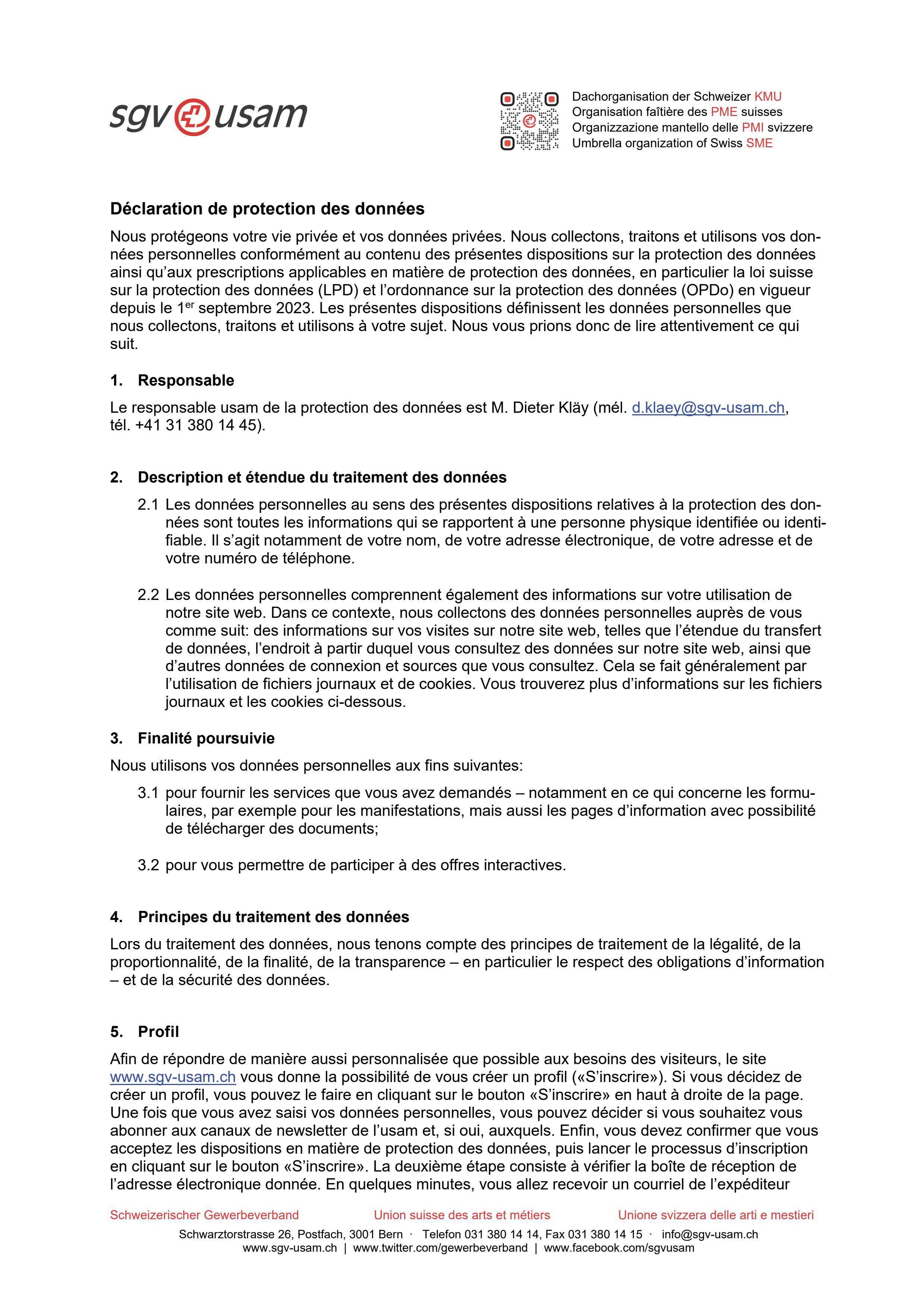  Dispositions relatives à la protection des données Site web usam / Sites web de campagne sous forme de fichier PDF