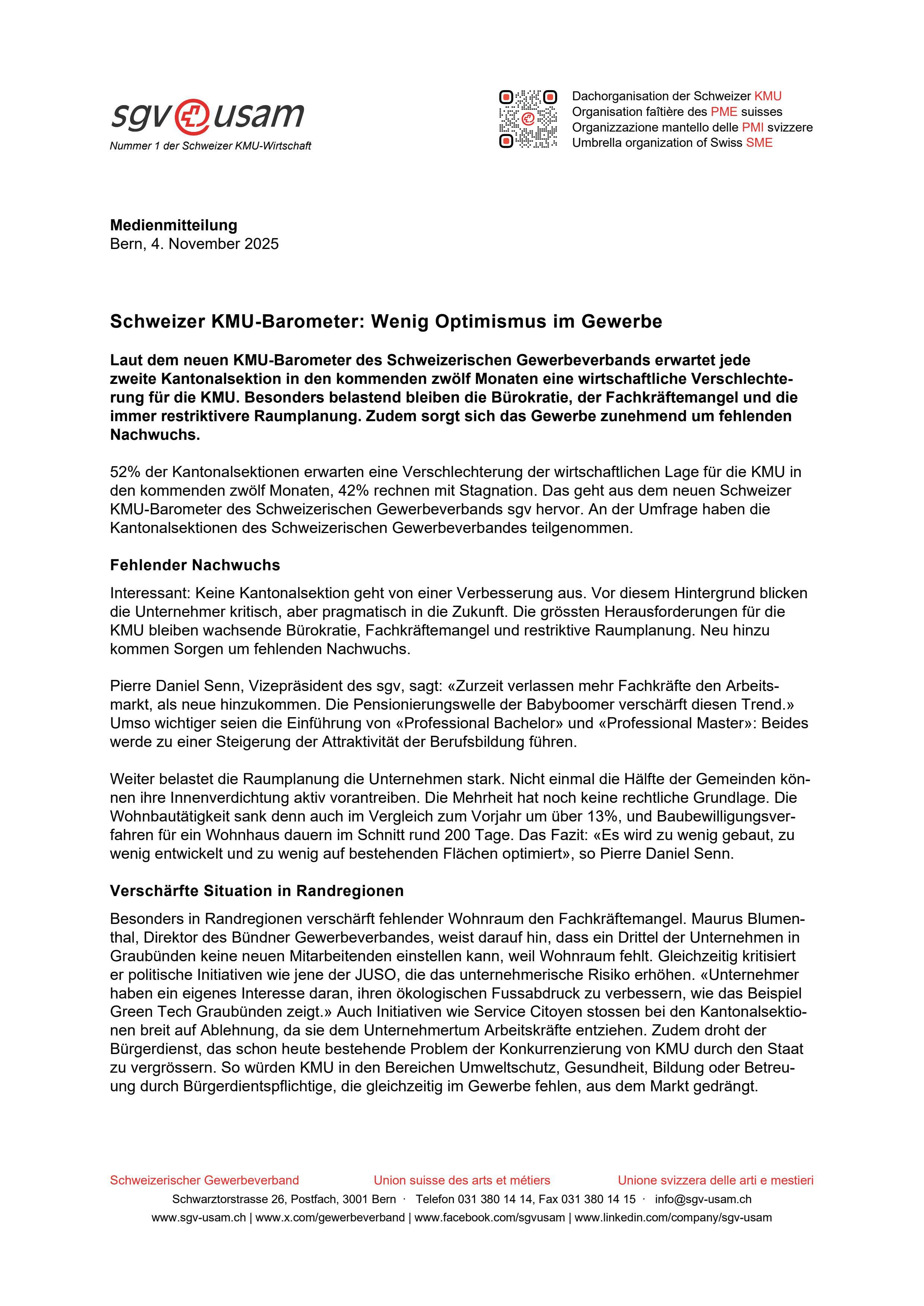Schweizer KMU-Barometer: Wenig Optimismus im Gewerbe